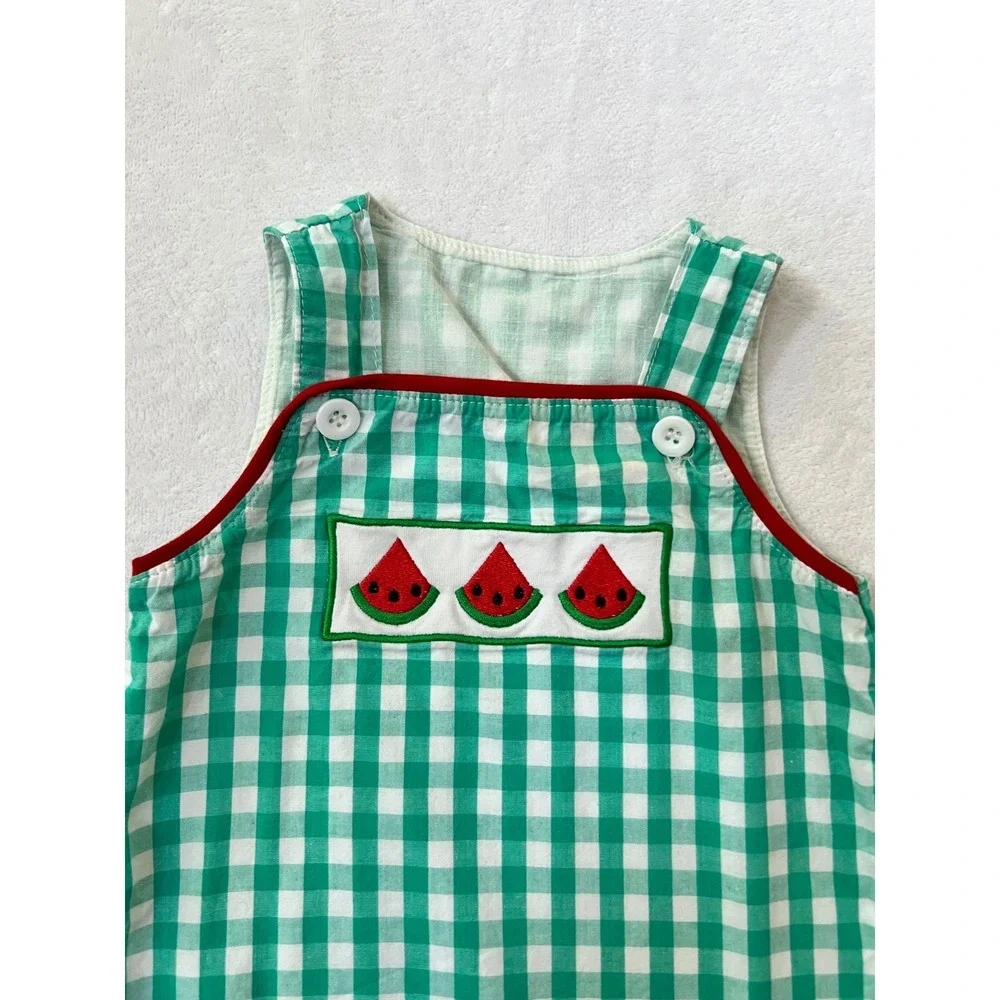 Honey Bean Shortall Green Gingham Watermelon Applique Romper 18M